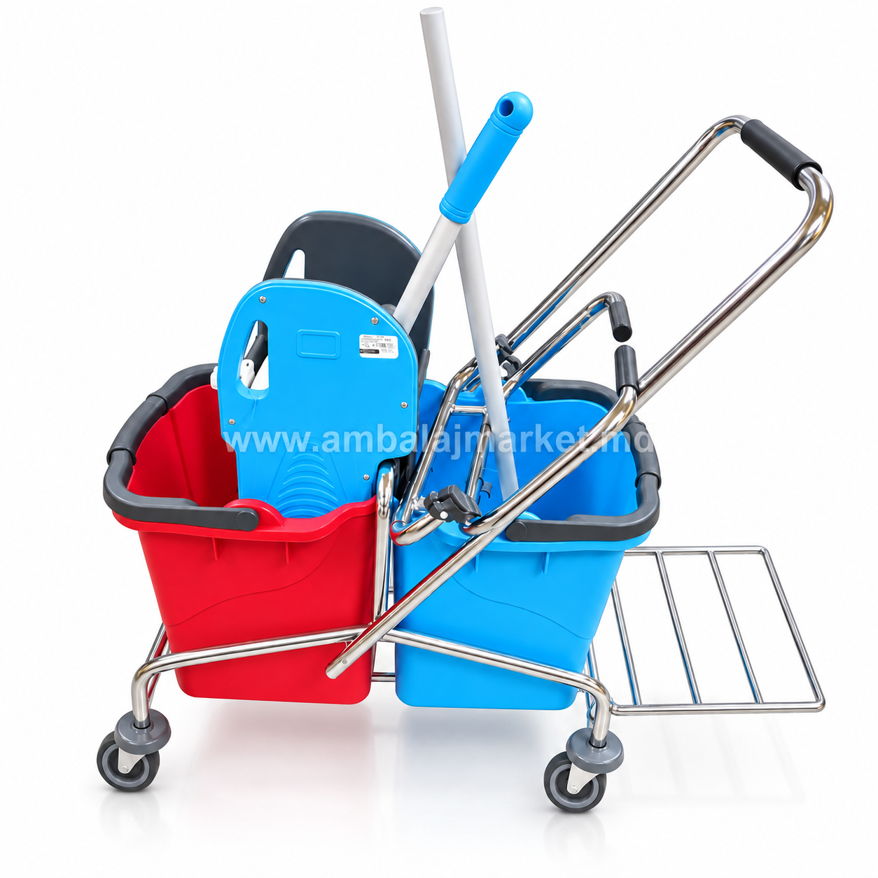 Carucior profesional cu suport mop, galeata 2x25L + 2x5L si storcator 